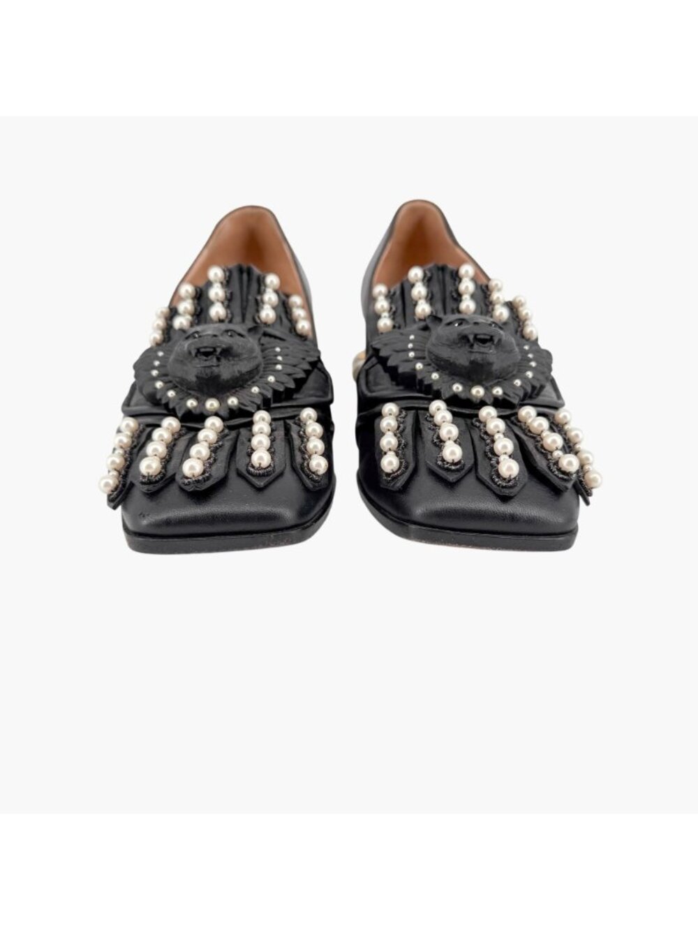 Gucci Lion Head Pearl Fringe Block Heel Loafer Pumps Black Leather Size 37 US 7 - Picture 6 of 15